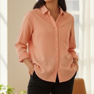 Forever 21 Button Down Shirt Peach Orange Pink Chambray